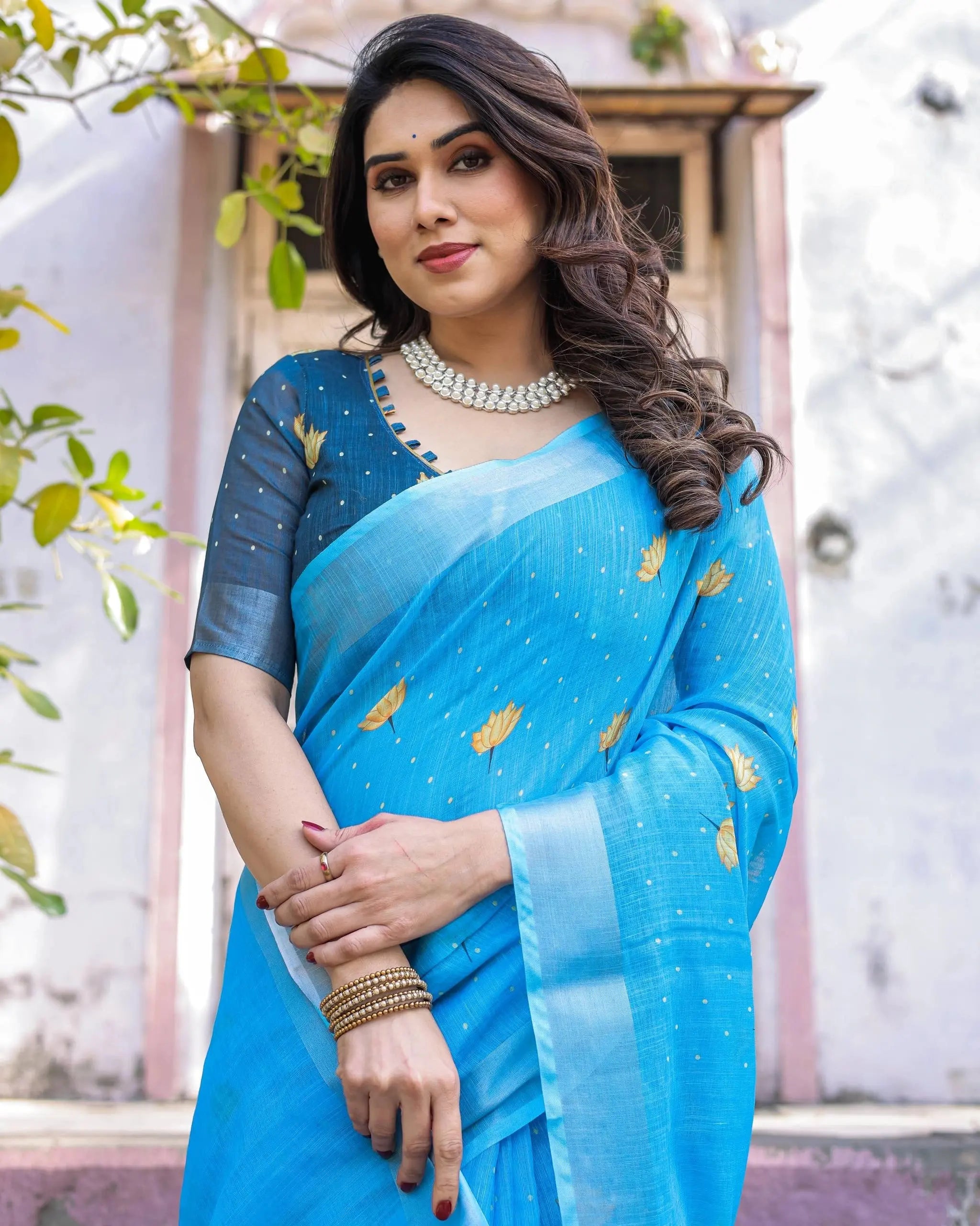 Blue Printed Soft Linen Cotton Saree – Kalyanja